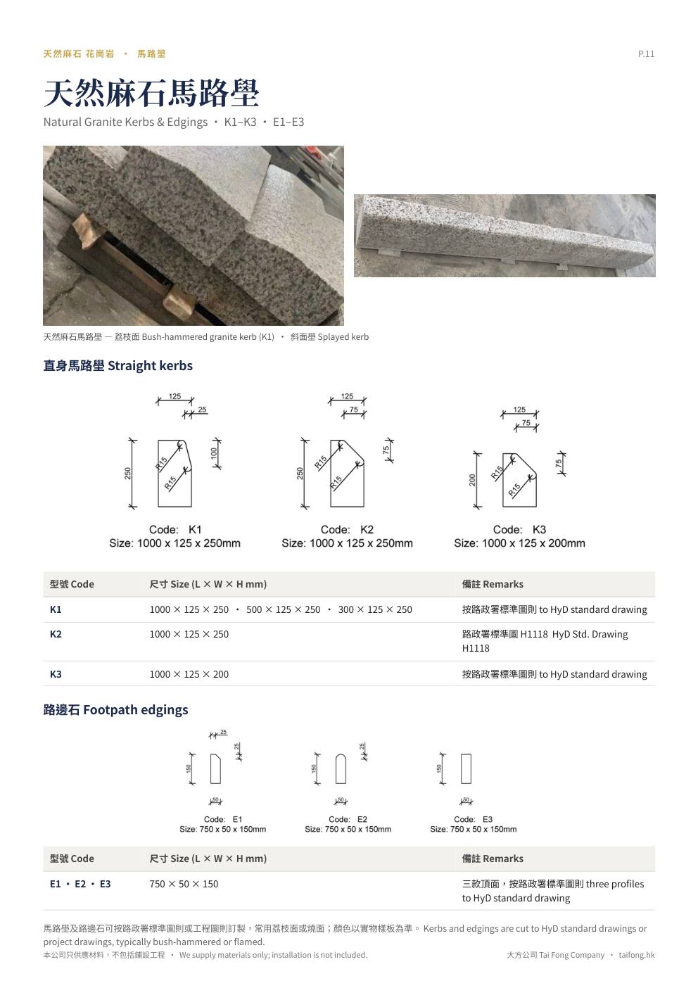 大方公司 天然麻石 2026 產品目錄 第 11 頁 天然麻石馬路壆 K1–K3 及路邊石 E1–E3