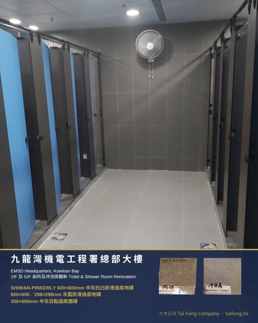 九龍灣機電工程署總部大樓 廁所 600x600mm 中灰凹凸防滑過底地磚 300x600mm 中灰白點牆磚