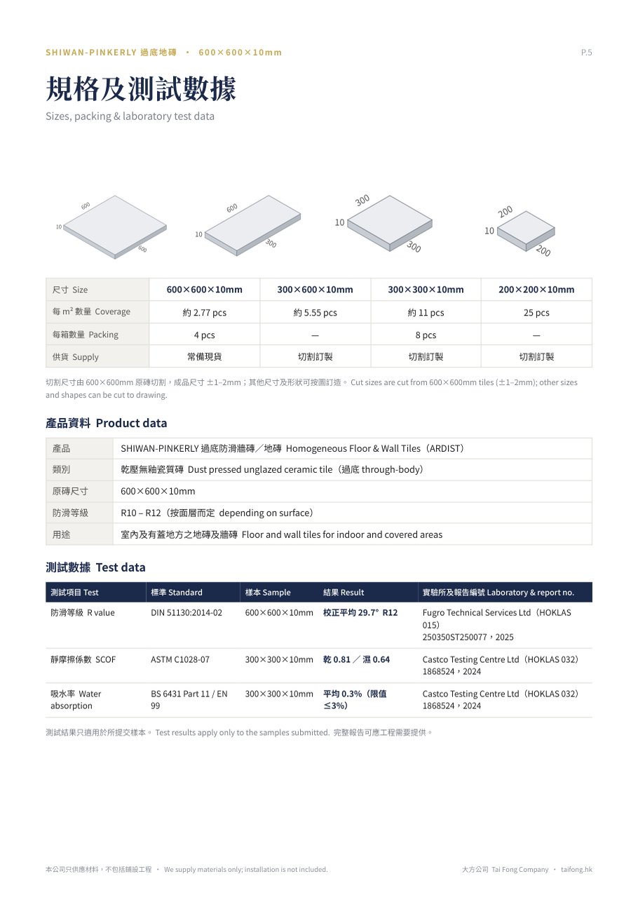 600x600mm 過底防滑地磚 規格及測試數據