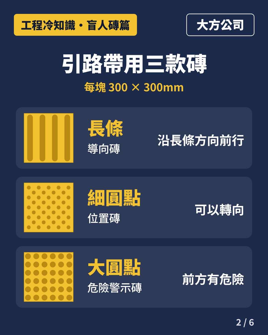長條導向磚、細圓點位置磚、大圓點危險警示磚