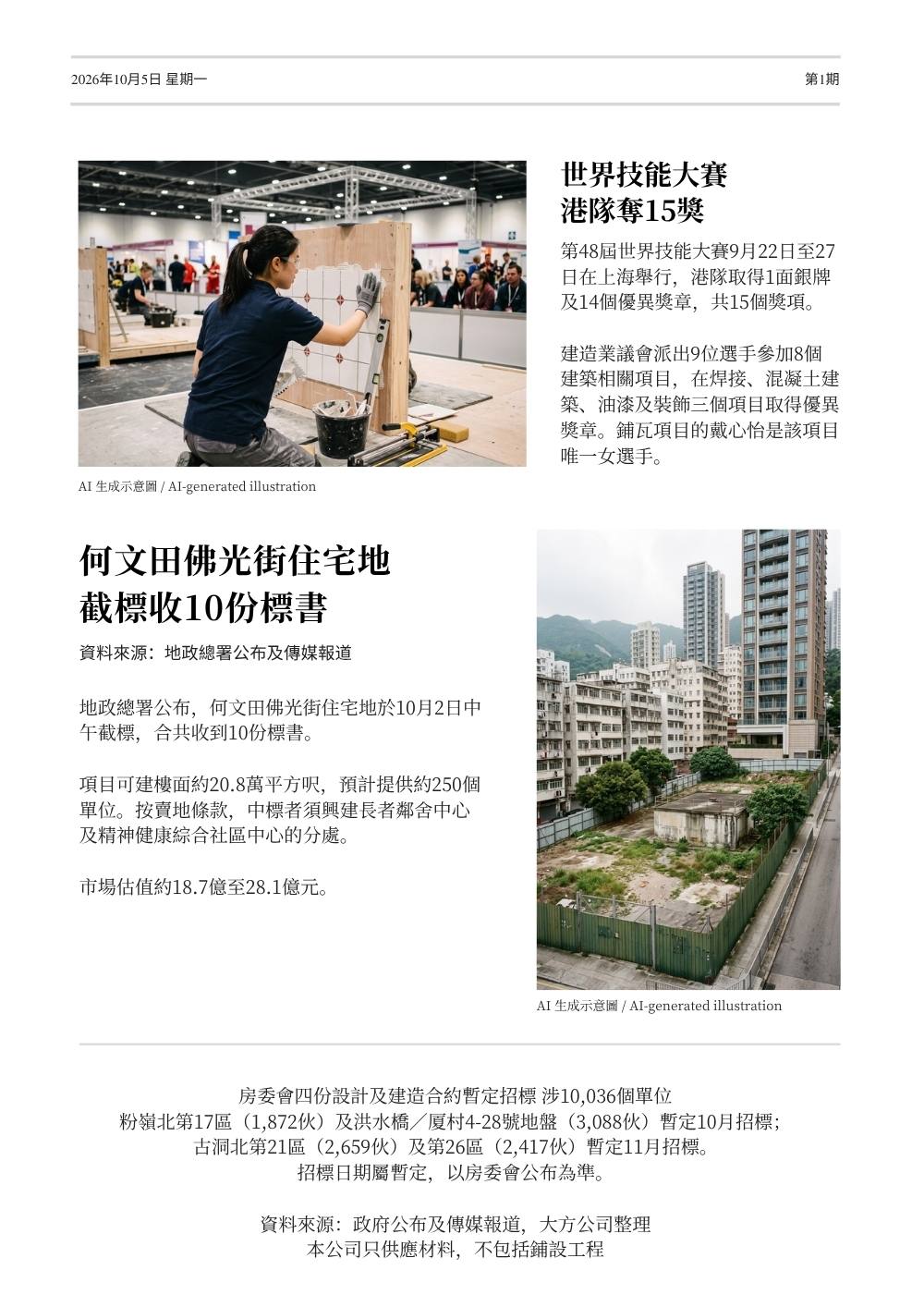 工程週報第1期第2頁：世界技能大賽港隊奪15獎、何文田佛光街住宅地截標、房委會四份合約暫定招標