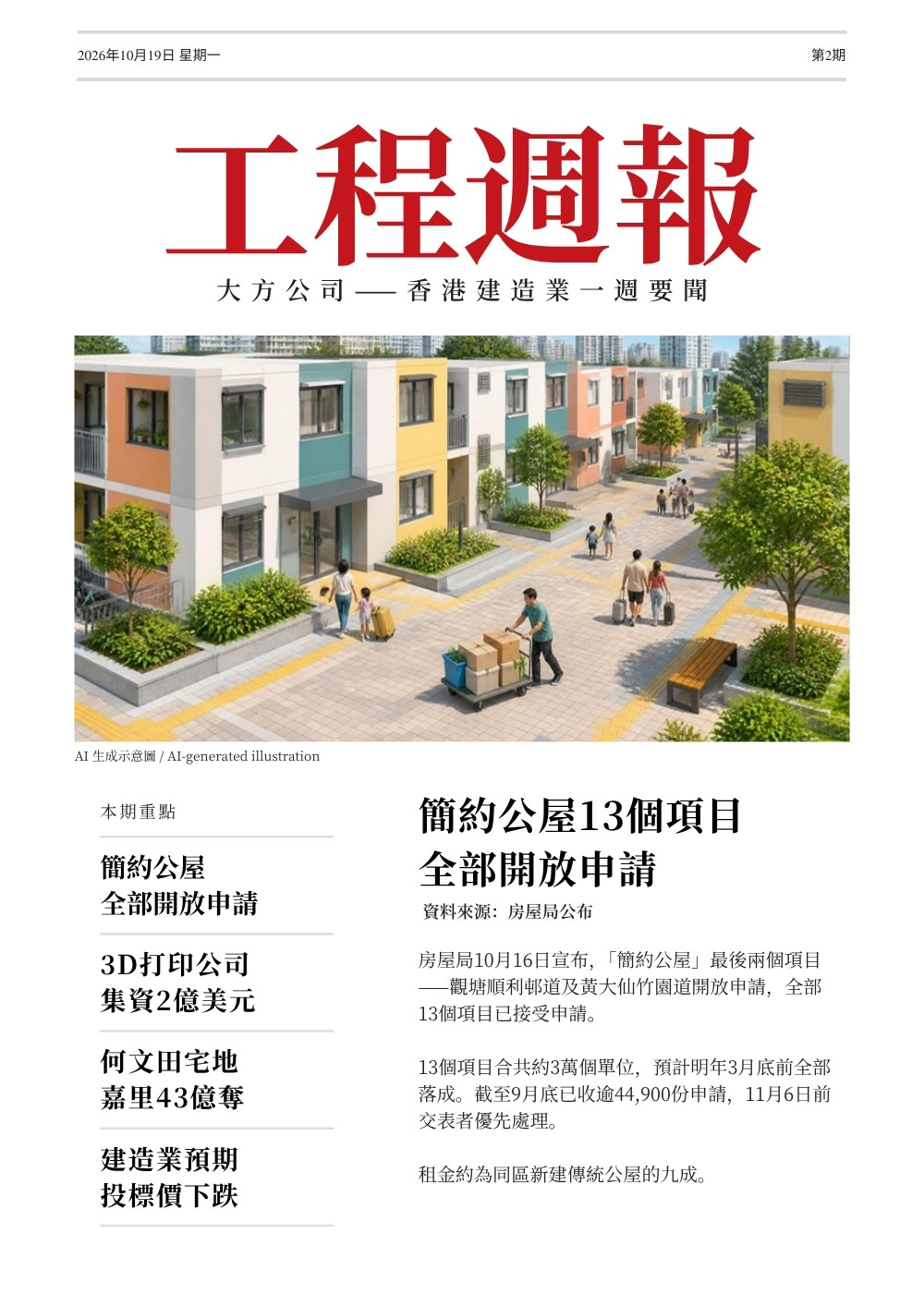 工程週報第2期第1頁:簡約公屋13個項目全部開放申請