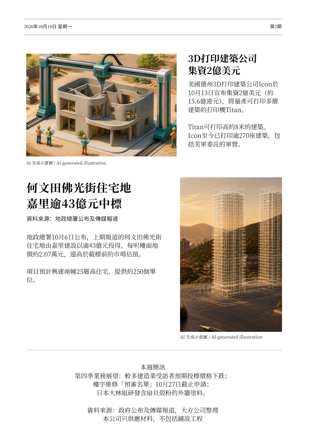 工程週報第2期第2頁:3D打印建築公司集資2億美元、何文田佛光街住宅地嘉里逾43億元中標、本週簡訊