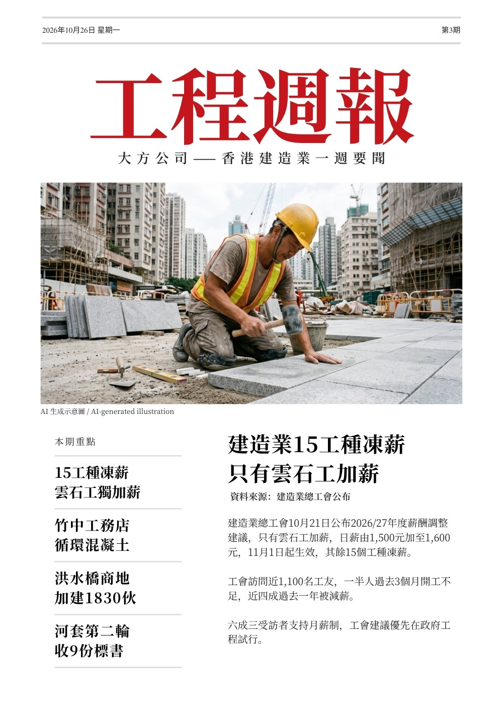 工程週報第3期第1頁:建造業15工種凍薪,只有雲石工加薪