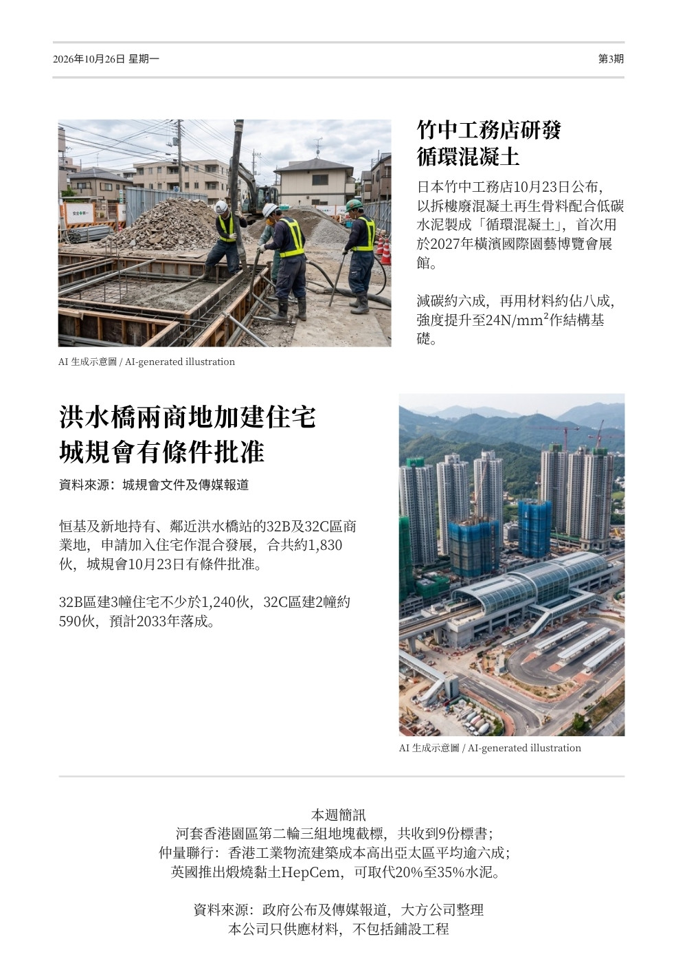 工程週報第3期第2頁:竹中工務店循環混凝土、洪水橋兩商地加建住宅、本週簡訊