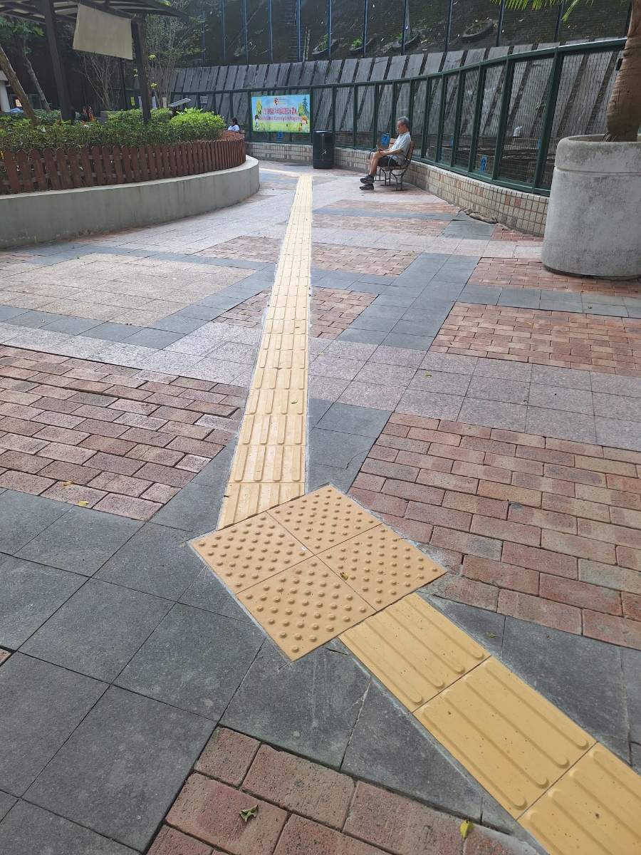 導盲徑直接嵌在原有粉紅麻石、深灰石板與紅磚圖案之中（交貨鋪設作品）
