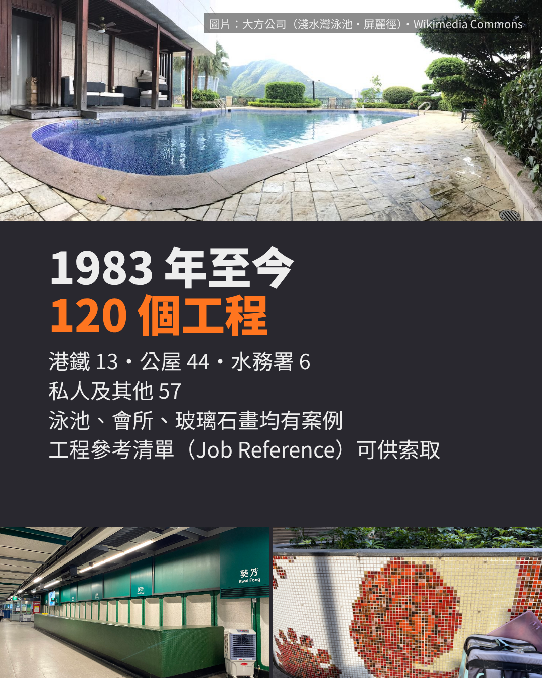 1983 年至今 120 個工程:淺水灣泳池、葵芳站、屏麗徑玻璃石畫